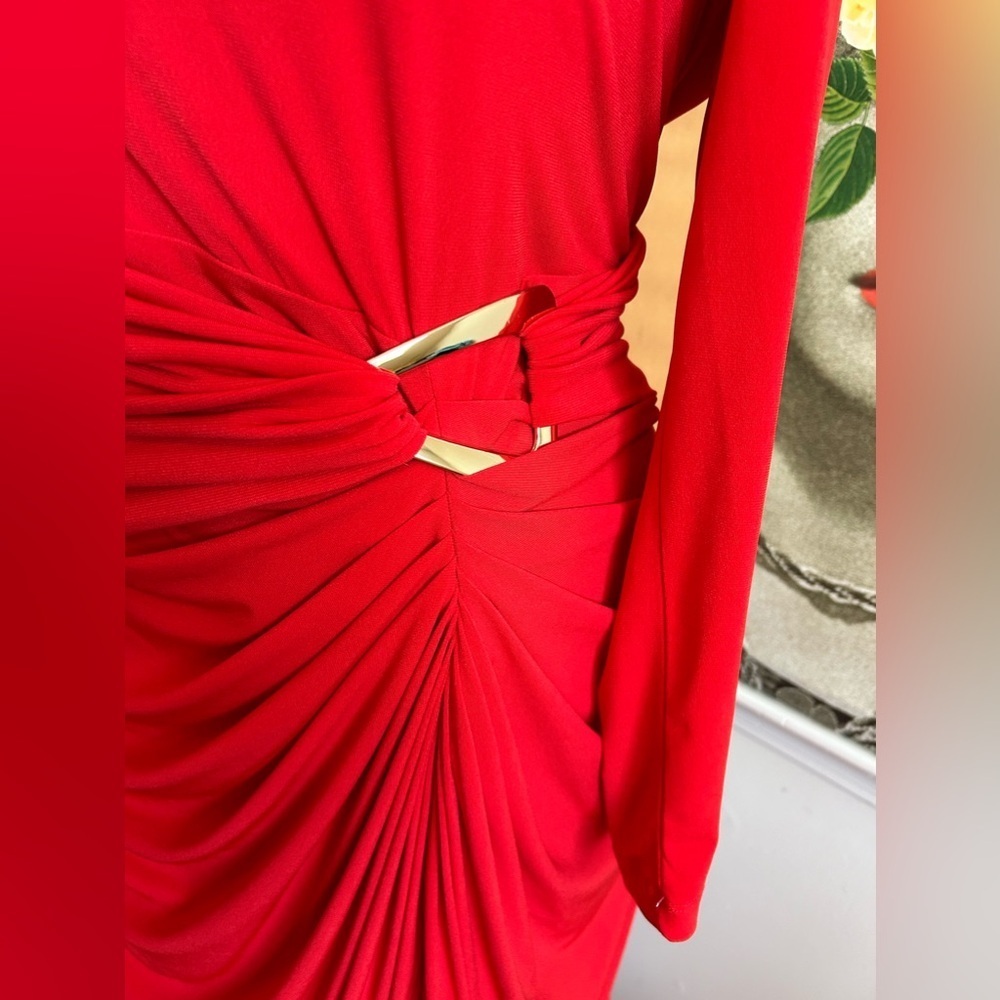 ELOQUII RED JERSEY ASYMMETRICAL SHIRRED LONG SLEEVE DRESS, GOLD DETAILING Sz. 20 - Picture 3 of 5